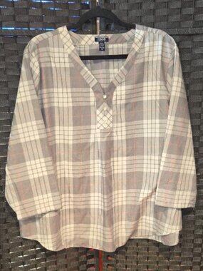 IZOD Plaid Popover Blouse 3/4 Length Sleeves Tunic